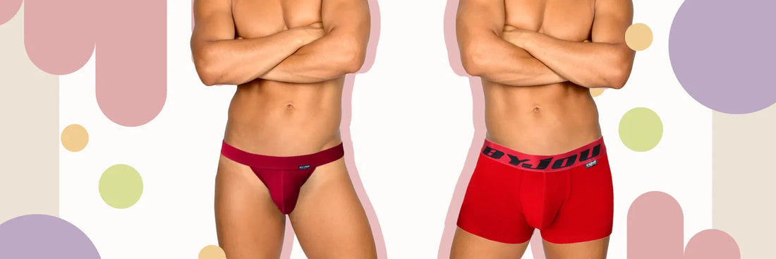 BYJOU boxer brief and jockstrap styles in a bold red studio setting